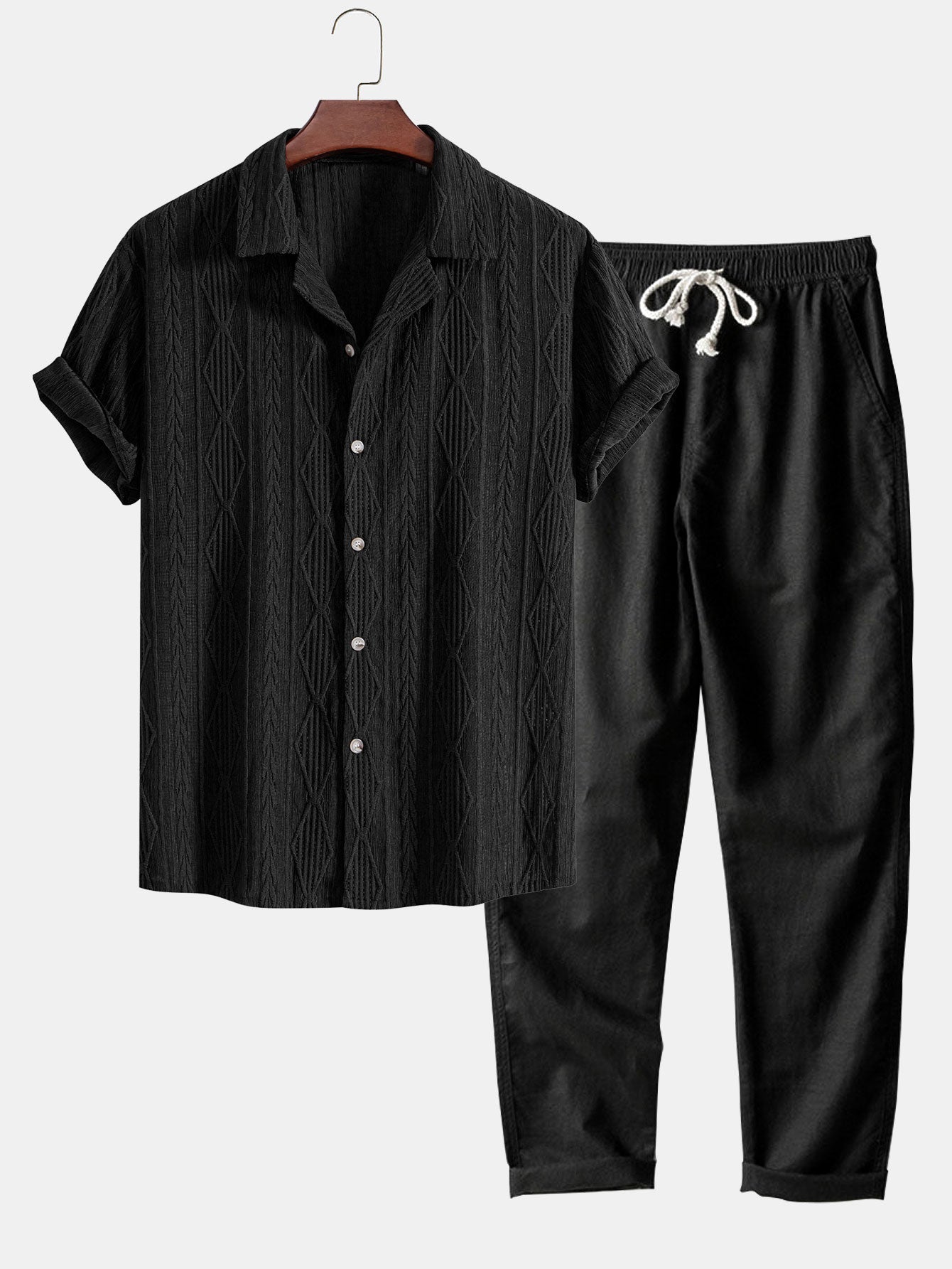 Camicia Cubana Jacquard Geometrico & Pantaloni in Lino a Gamba Dritta