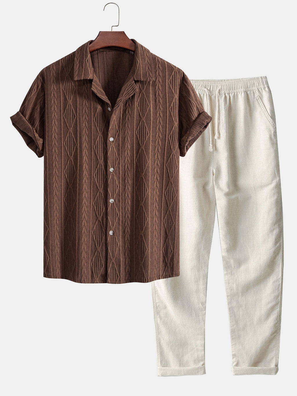 Camicia Cubana Jacquard Geometrico & Pantaloni in Lino a Gamba Dritta