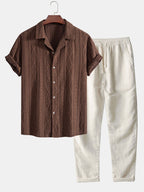 Camicia Cubana Jacquard Geometrico & Pantaloni in Lino a Gamba Dritta