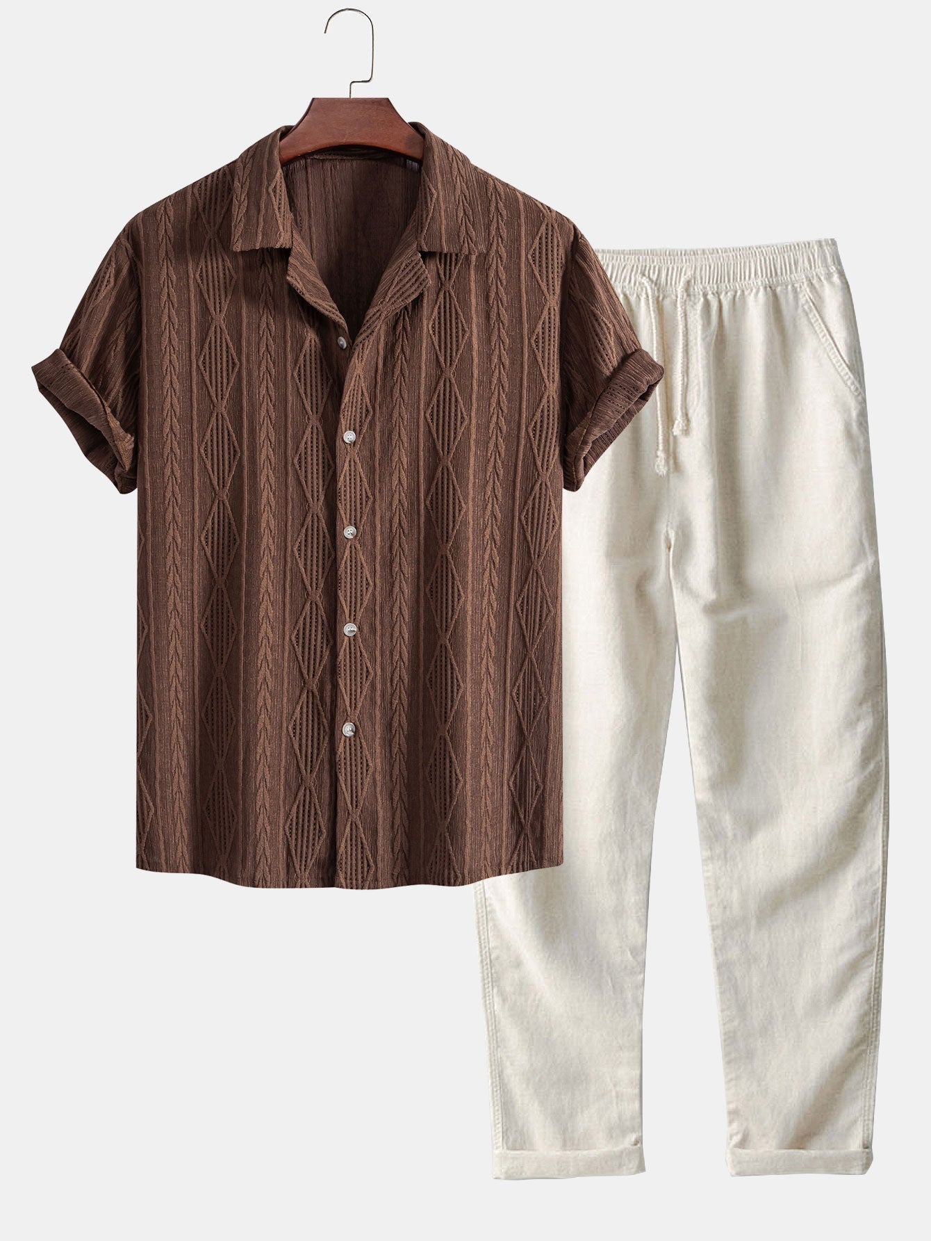 Camicia Cubana Jacquard Geometrico & Pantaloni in Lino a Gamba Dritta