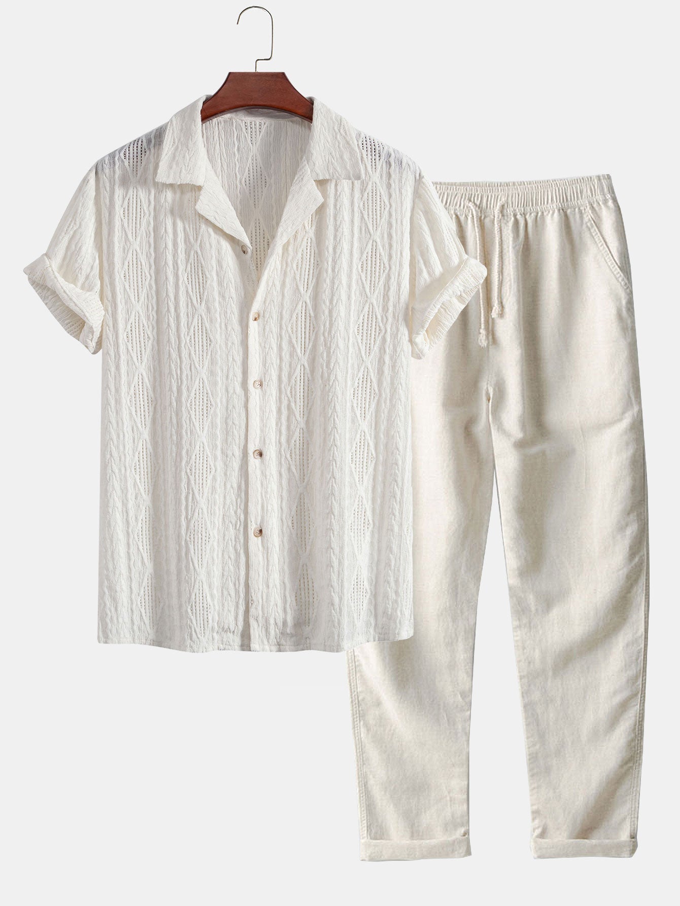 Camicia Cubana Jacquard Geometrico & Pantaloni in Lino a Gamba Dritta