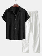 Camicia Cubana Jacquard Geometrico & Pantaloni in Lino a Gamba Dritta