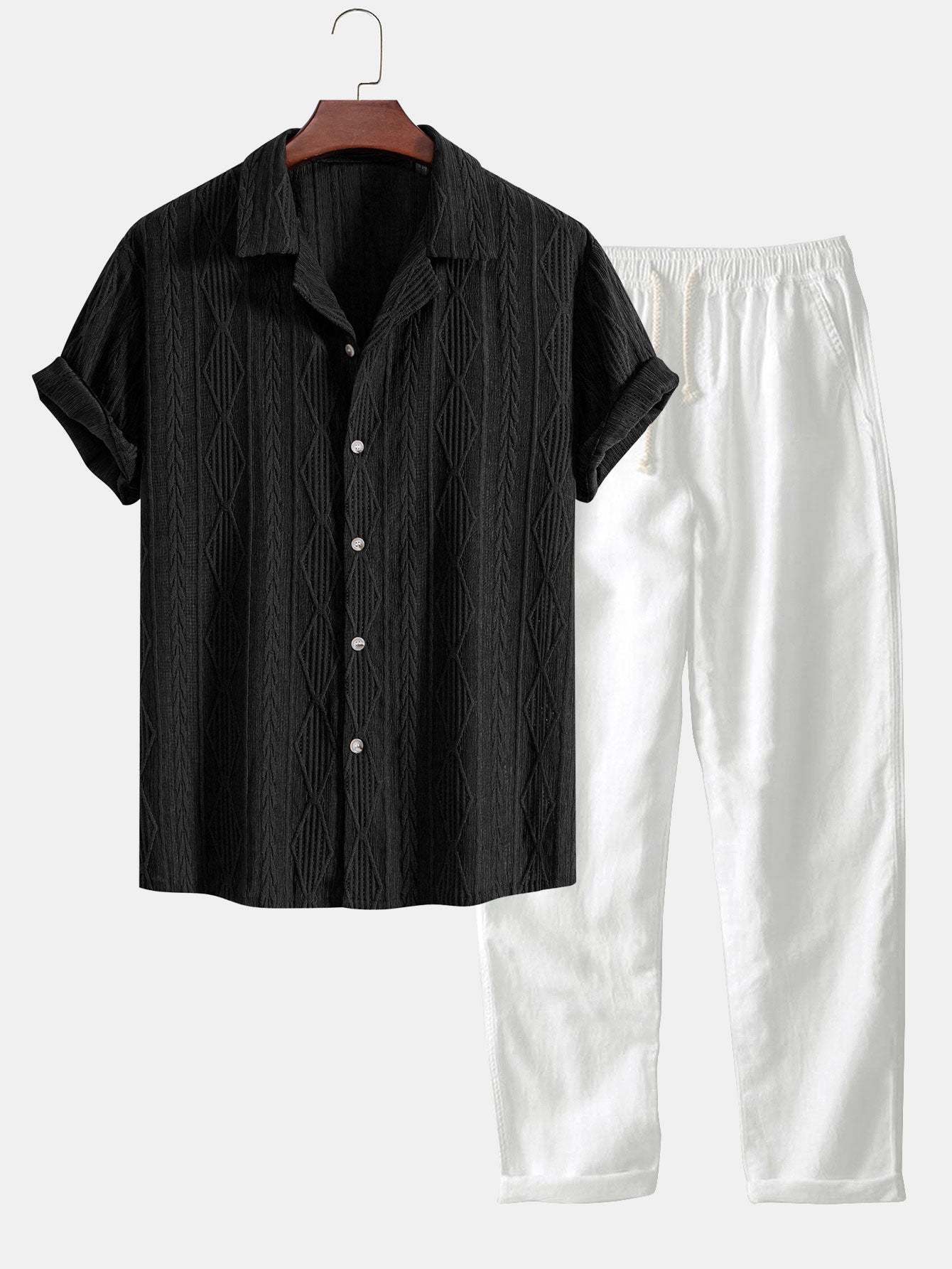 Camicia Cubana Jacquard Geometrico & Pantaloni in Lino a Gamba Dritta
